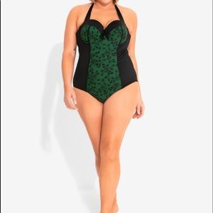 GREEN FLORAL LACE PANEL SWIMSUIT PLUS SIZE-